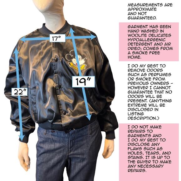 Vintage 80s Chalk Line Mickey Mouse Satin Bomber Jacket Black Large Made in USA - Picture 8 of 12